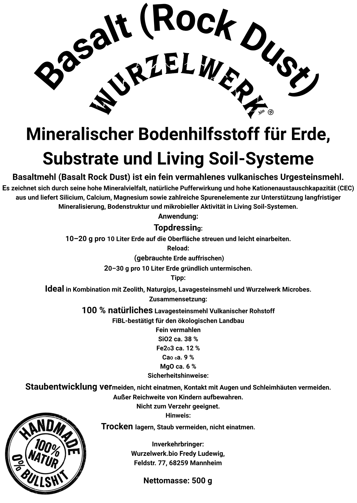 Rückseite des wurzelwerk.bio Basaltmehl Etiketts mit Anwendung, Analysewerten und Informationen zu Living Soil und Bodenmineralisierung
