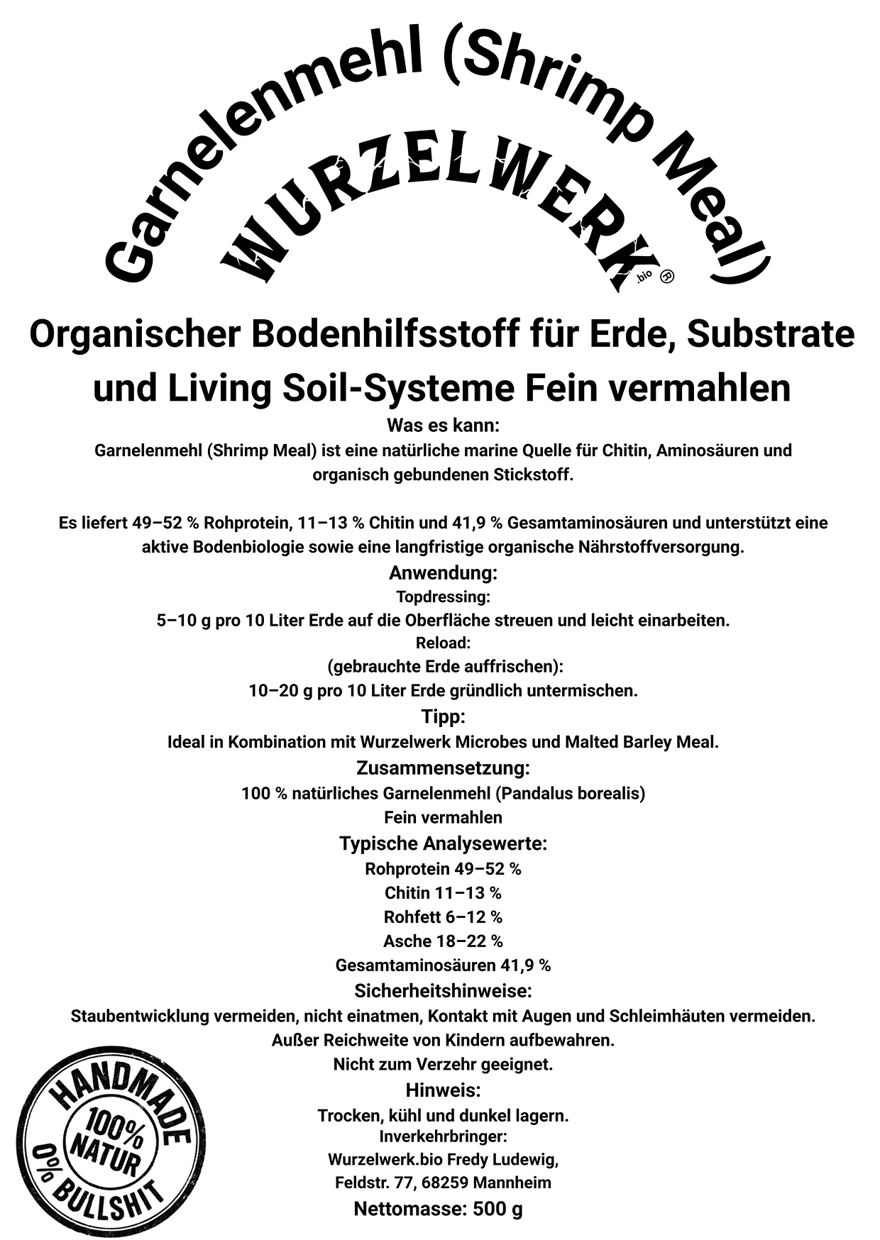 Rückseite des Wurzelwerk.bio Garnelenmehl Etiketts mit Anwendung, Analysewerten und Informationen zu Chitin und Mikrobiologie