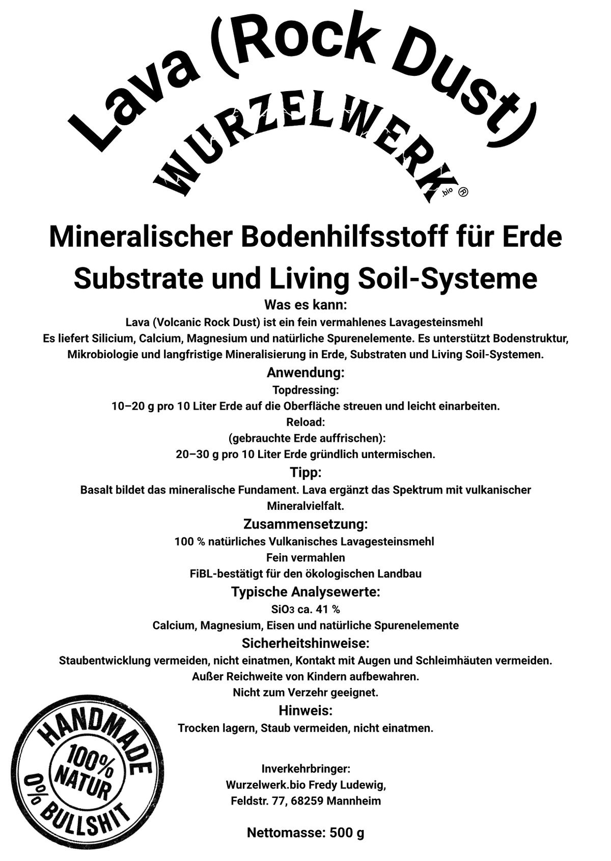 Rückseite des Wurzelwerk.bio Lavagesteinsmehl Etiketts mit Anwendung, Analysewerten und Informationen zu Bodenstruktur und Mikrobiologie