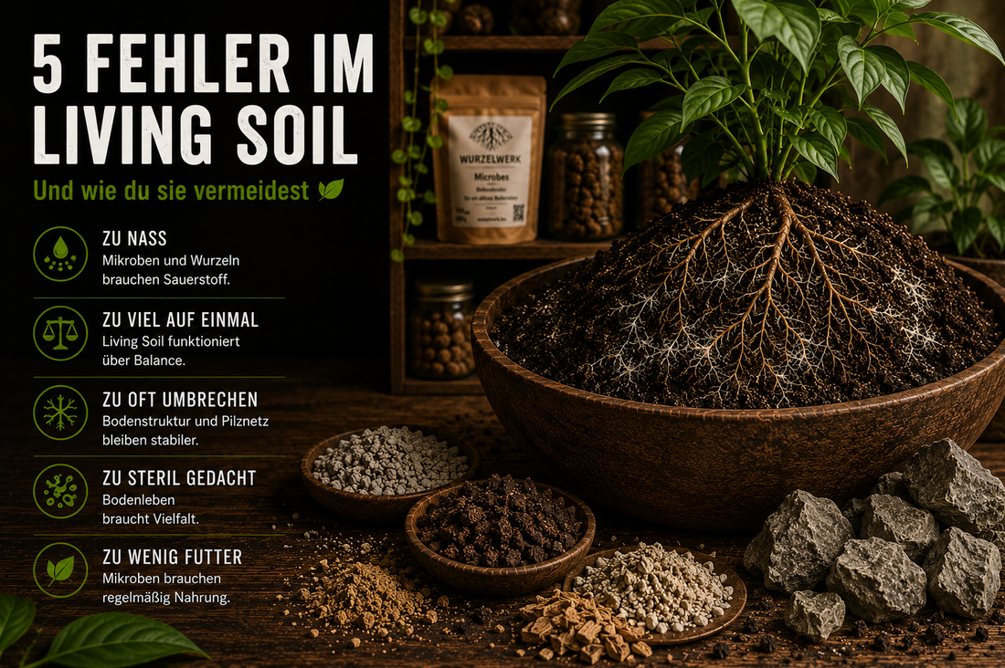 5 Fehler im Living Soil: Infografik zu Überwässerung, Überdüngung, Bodenstörung, mangelnder biologischer Vielfalt und unzureichender Mikrobenversorgung in lebendigen Bodensystemen.