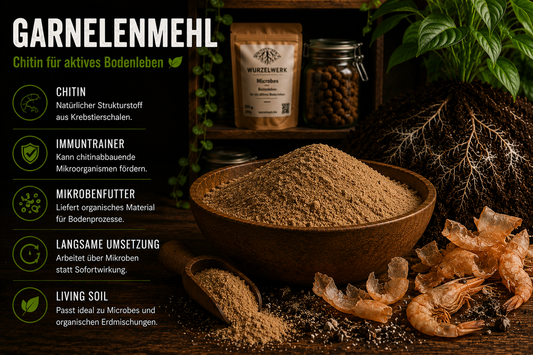 Garnelenmehl mit Chitin zur Förderung von Bodenleben, Mikroorganismen und biologischer Aktivität im Living Soil.