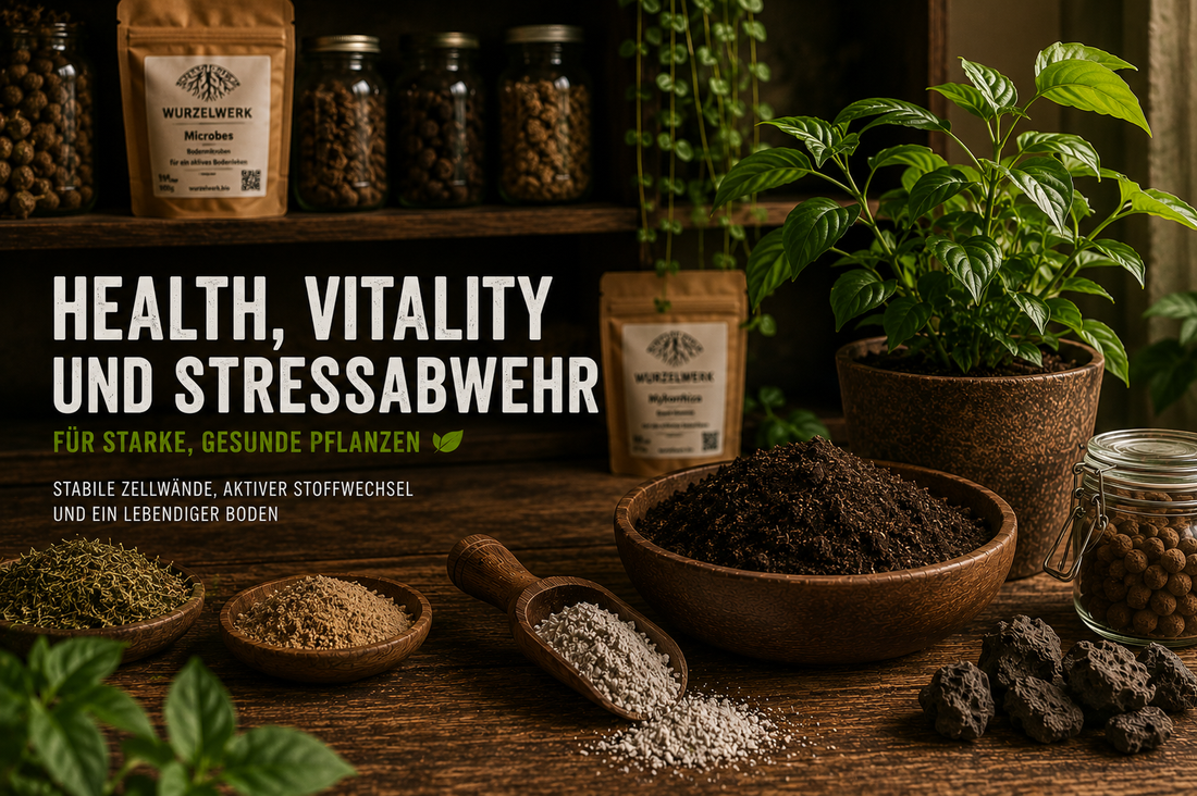 Wurzelwerk Blogbild zu Health, Vitality und Stressabwehr von Pflanzen mit vitaler Pflanze, lebendiger Erde und natürlichen Bodenbausteinen im warmen Holzregal-Stil