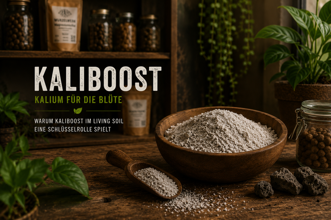 Wurzelwerk Blogbild zu Kalium für die Blüte und Kali-Boost im Living Soil mit Erde, Pflanzen und natürlichem Kalium-Magnesium-Bodenhilfsstoff im warmen Holzregal-Stil