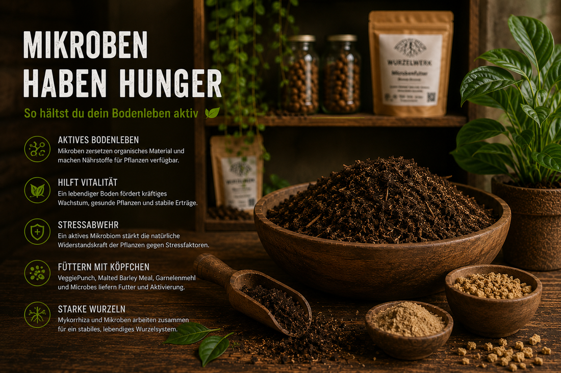 Wurzelwerk Blogbild zu Auch Mikroben haben Hunger mit lebendiger Erde, Pflanzen, organischem Futter und aktivem Bodenleben im warmen Holzregal-Stil