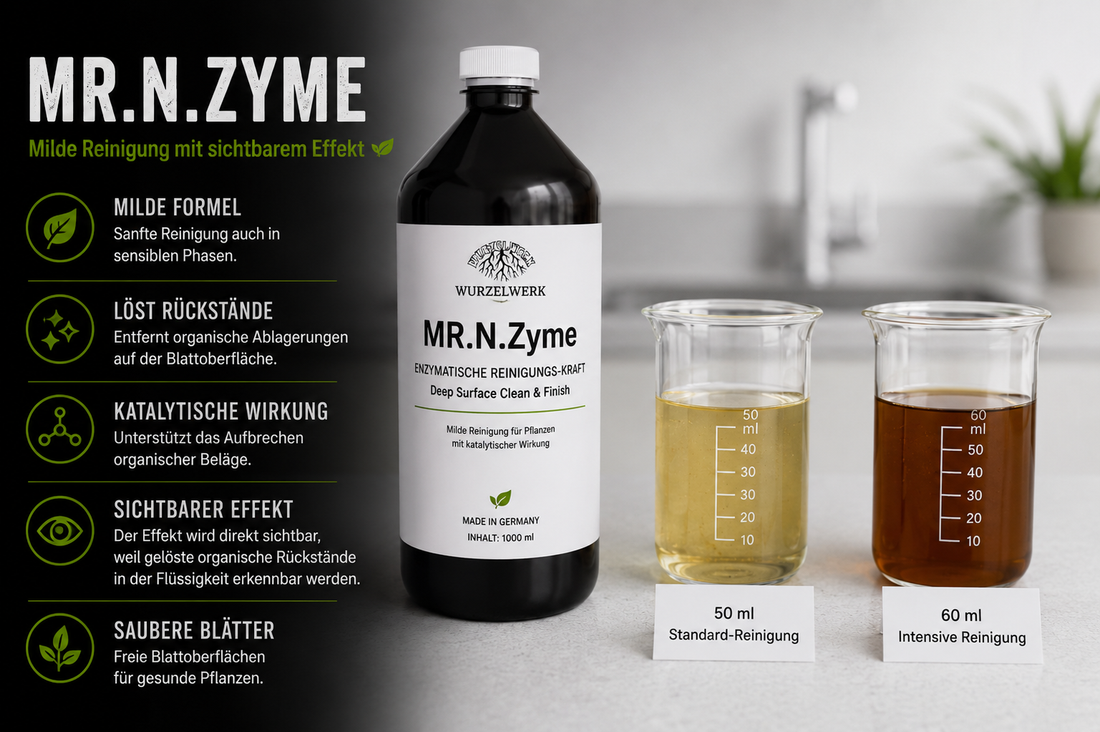 MR.N.Zyme Blattreiniger für Pflanzen mit zwei Reinigungsstufen im Vergleich. Die Grafik zeigt die milde Reinigungskraft