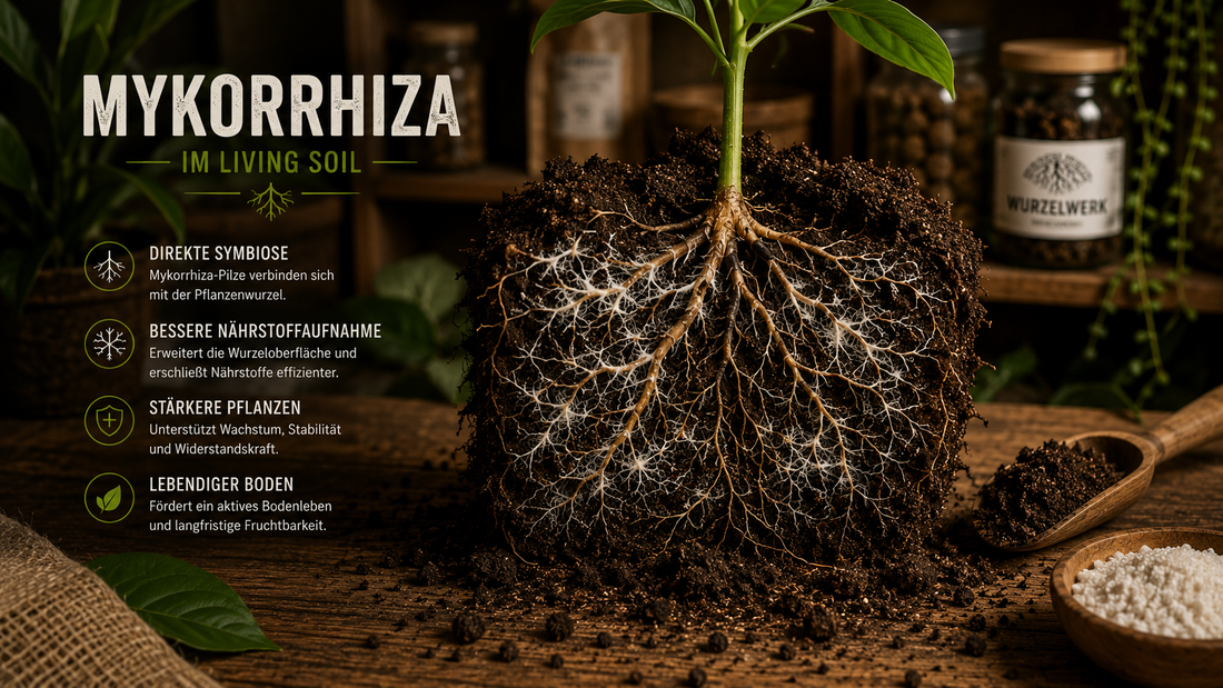 Wurzelwerk Blogbild zu Mykorrhiza und Trichoderma im Living Soil mit Wurzelzone, lebendiger Erde und feinem Pilznetz zur biologischen Wurzelaktivierung