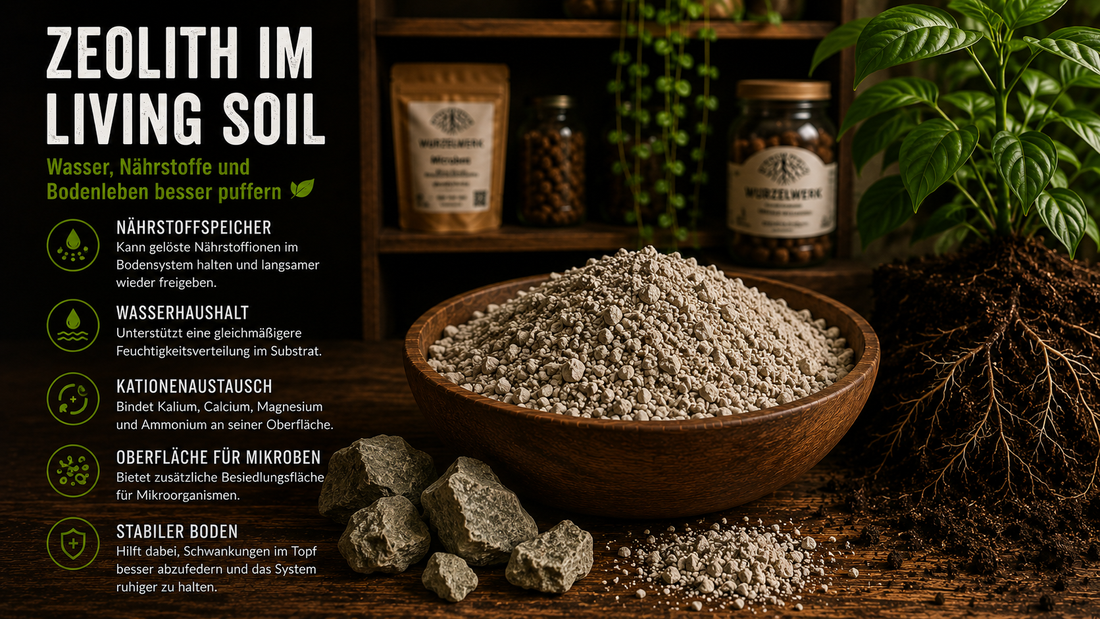 Zeolith im Living Soil: Infografik zu Nährstoffspeicherung, Wasserhaltevermögen, Kationenaustausch, Mikrobenbesiedlung und Bodenstabilität.