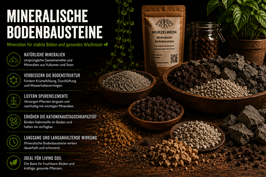 Mineralische Bodenbausteine für Living Soil mit Basalt, Lava, Zeolith und Mikroben.