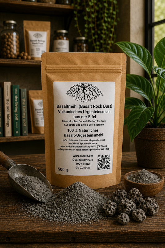 Wurzelwerk Basaltmehl aus der Eifel in natürlicher Living-Soil-Umgebung mit vulkanischem Gesteinsmehl und organischer Bodenstruktur