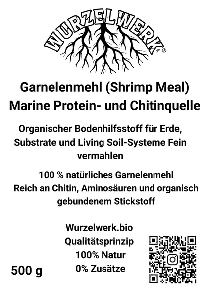 Vorderseite des Wurzelwerk.bio Garnelenmehl Etiketts mit natürlichem Chitin und organischen Bodenbausteinen