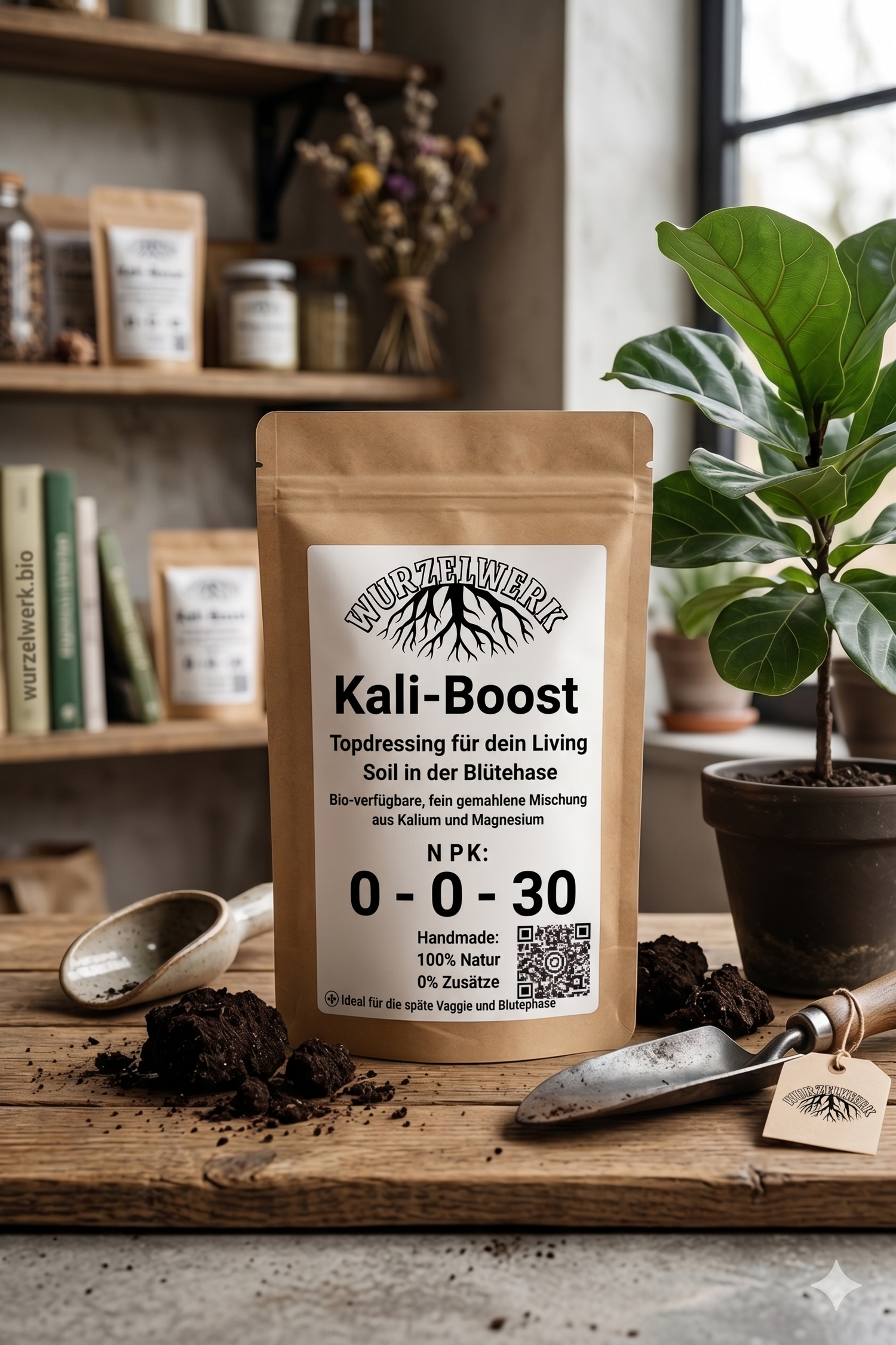 Wurzelwerk Kali-Boost Bodenhilfsstoff in einer nachhaltigen Kraftpapier-Verpackung auf einem rustikalen Holztisch mit Gartenwerkzeug und einer gesunden Zimmerpflanze im Hintergrund.