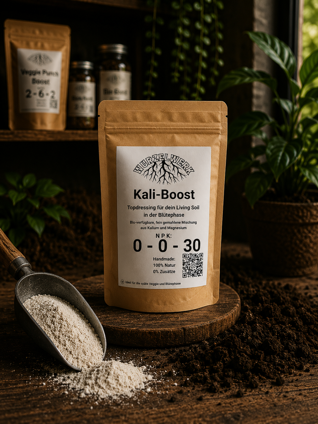 Wurzelwerk Kali-Boost – fein gemahlenes Topdressing aus Kalium und Magnesium für Living Soil zur natürlichen Unterstützung der Blütephase.