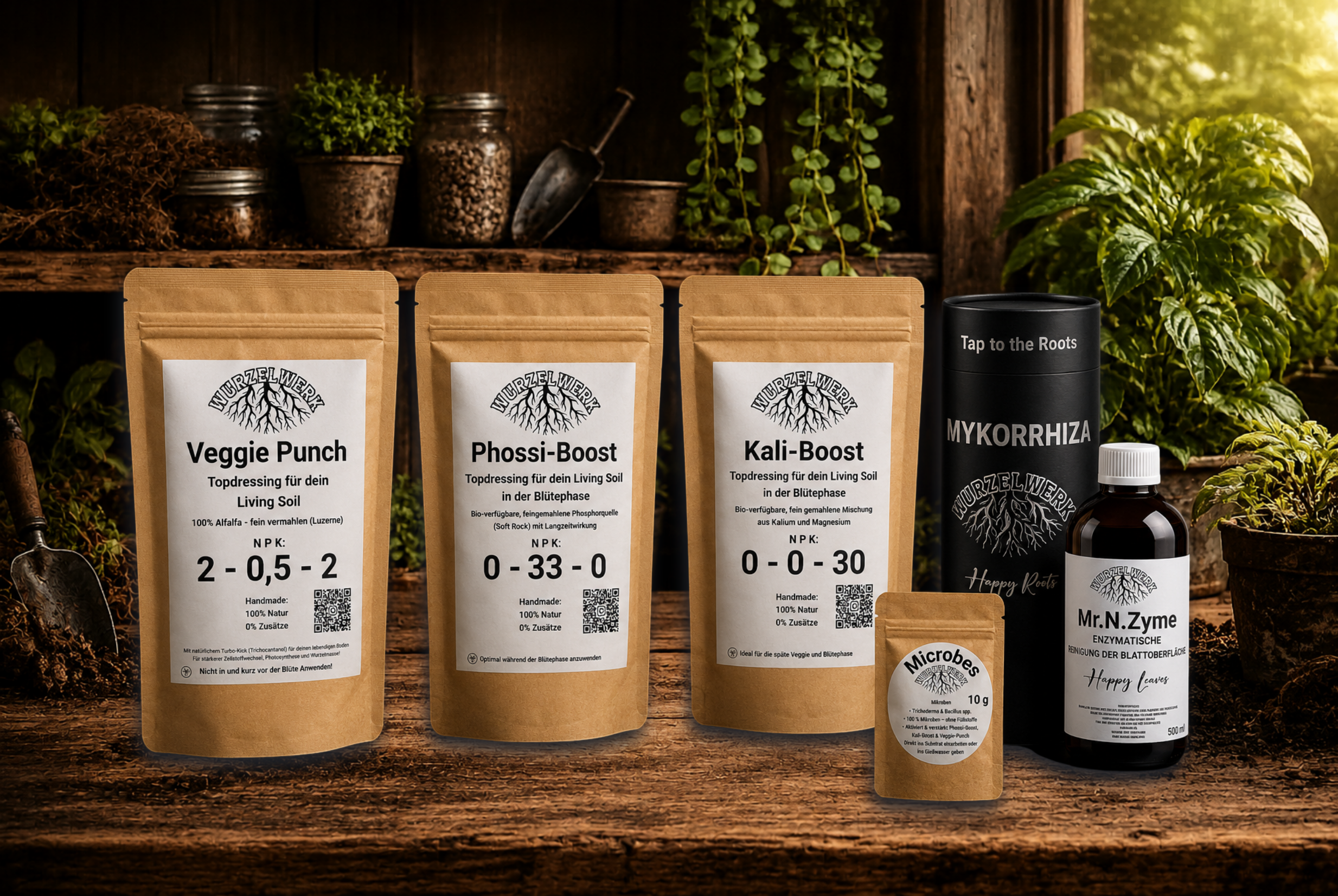 Wurzelwerk.bio Living Soil Produktsystem mit Veggie Punch, Phossi-Boost, Kali-Boost, Microbes, Mykorrhiza und Mr.N.Zyme auf rustikalem Holztisch in natürlicher Gartenumgebung.