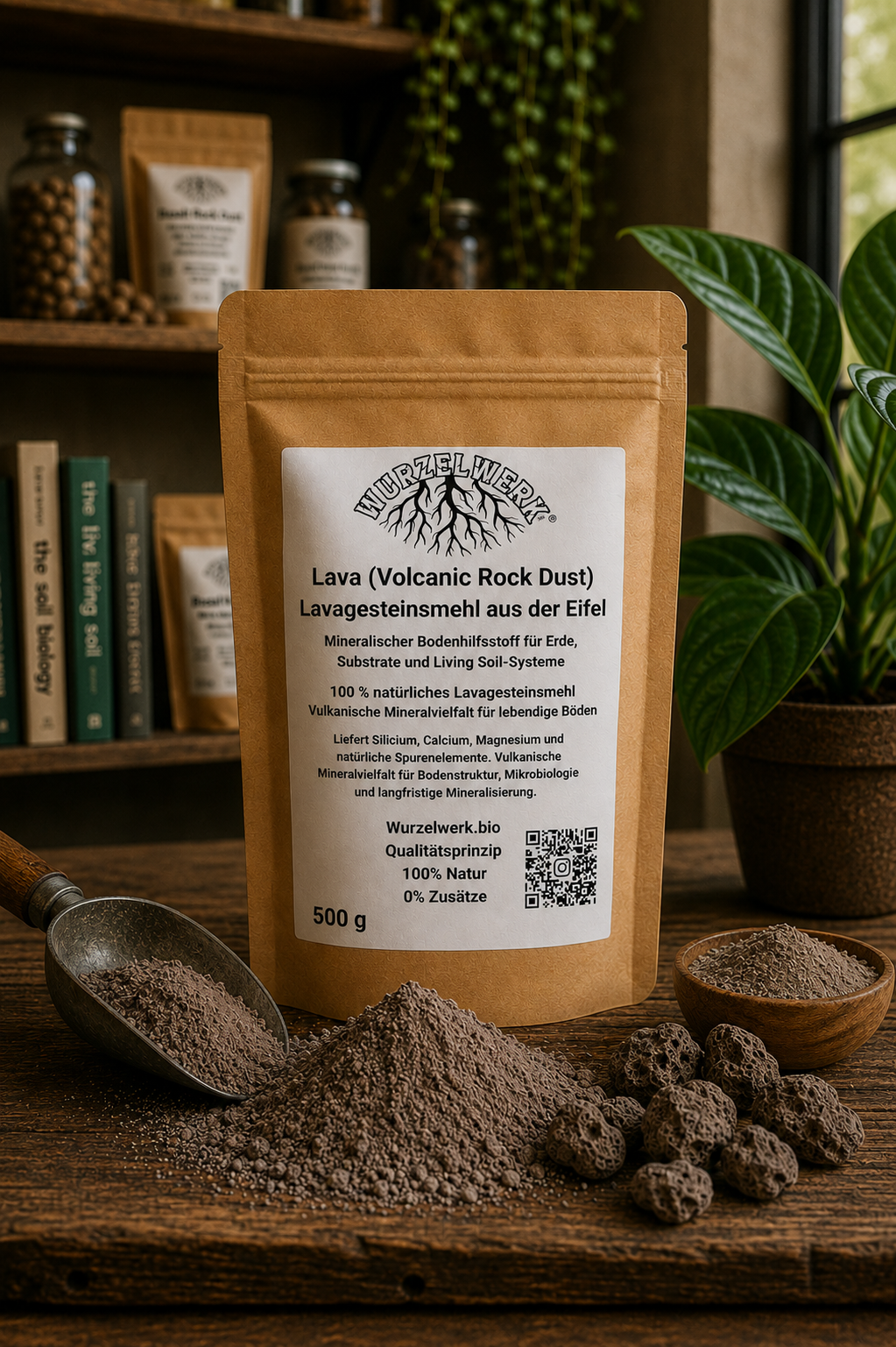 Wurzelwerk Lavagesteinsmehl in natürlicher Living-Soil-Umgebung mit vulkanischem Gesteinsmehl und mineralischer Bodenstruktur