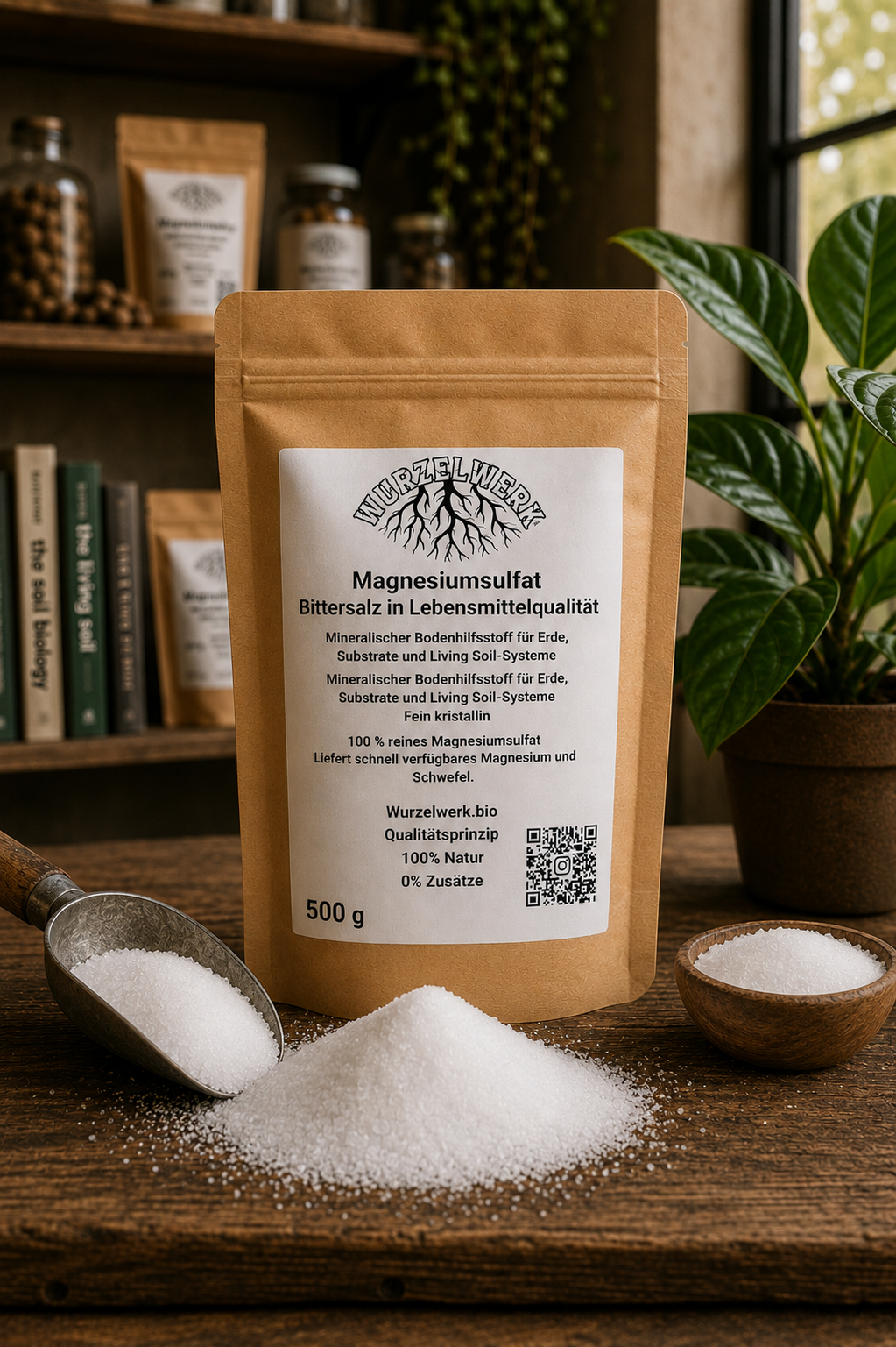 Wurzelwerk Magnesiumsulfat in natürlicher Living-Soil-Umgebung mit fein kristallinem Magnesiummineral und organischer Bodenstruktur