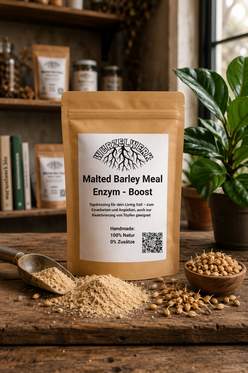 Wurzelwerk Malted Barley Meal – fein gemahlenes Gerstenmalzmehl mit natürlichen Enzymen zur Aktivierung des Bodenlebens und Unterstützung der Nährstoffumsetzung in Living Soil.