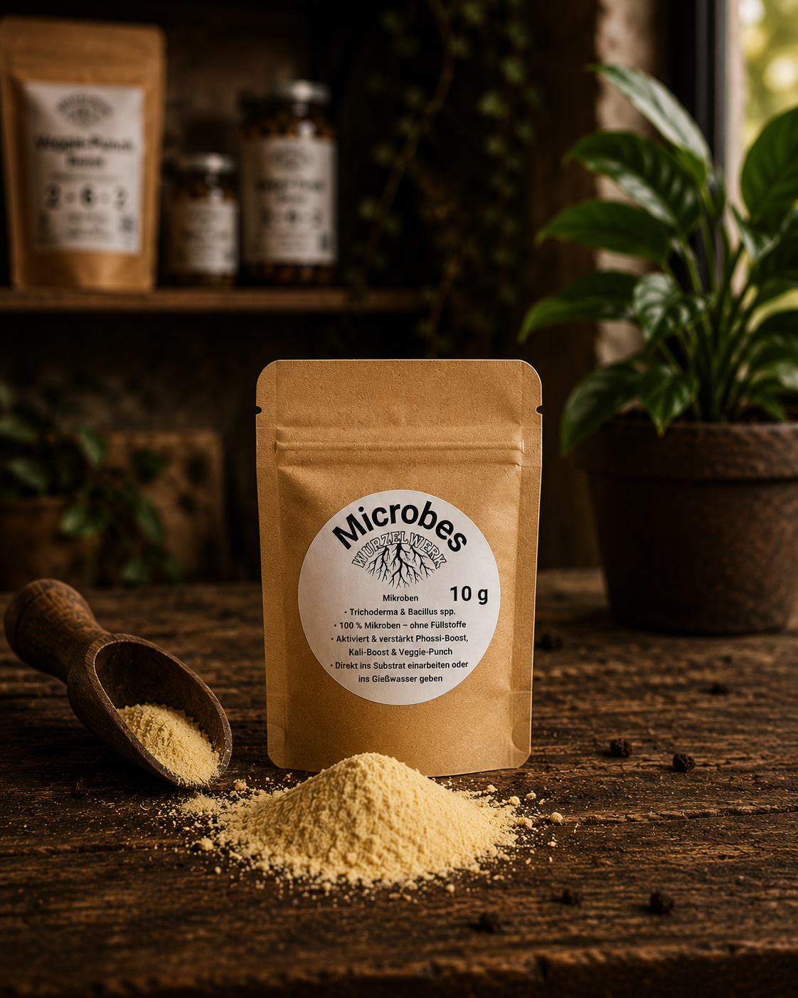 Wurzelwerk Microbes – hochkonzentrierte Mikrobenmischung mit Bacillus subtilis und Trichoderma zur Aktivierung des Bodenlebens und Unterstützung der Nährstoffverfügbarkeit in Living Soil.