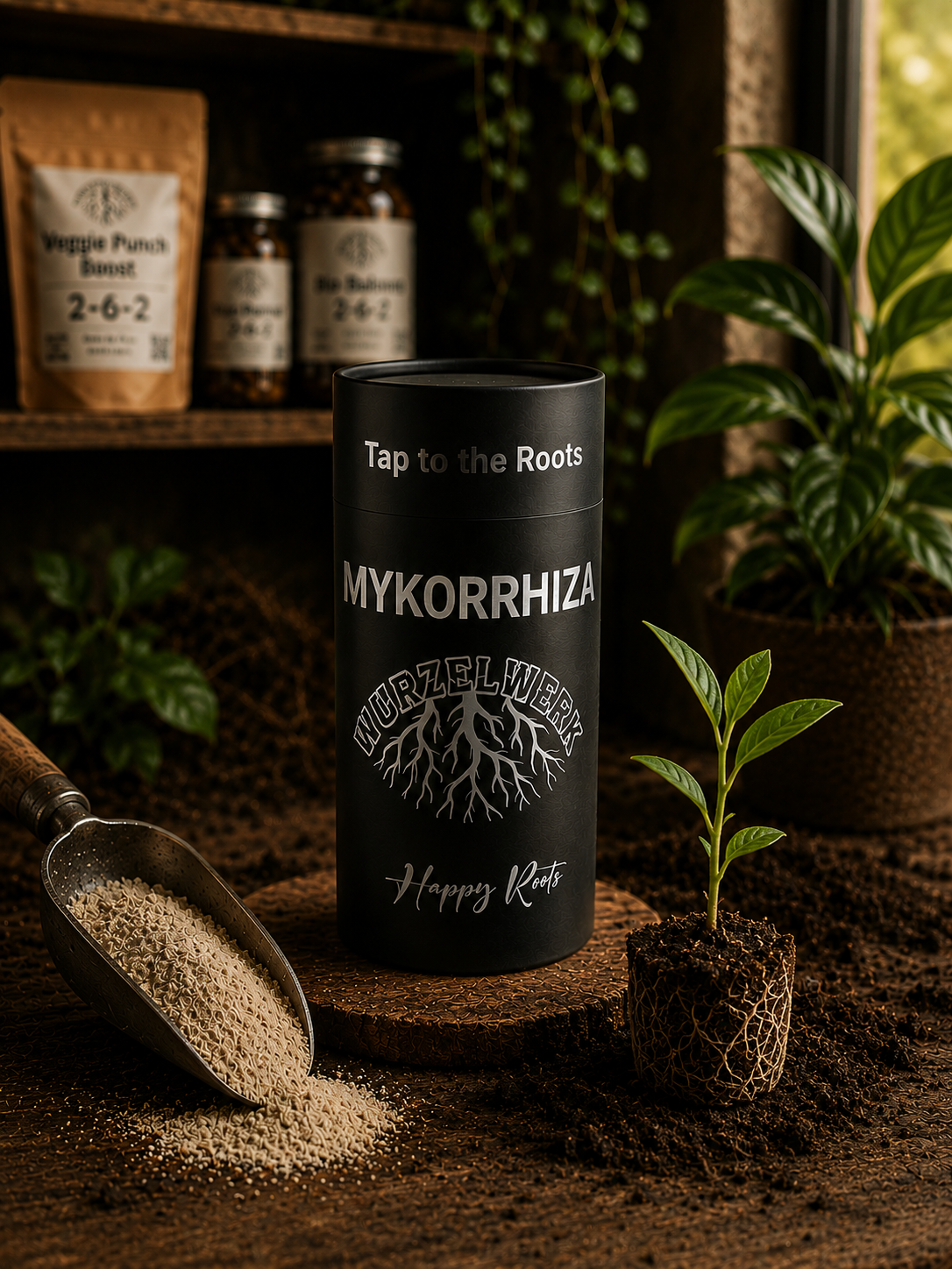 Wurzelwerk Mykorrhiza – Mykorrhiza-Inokulum mit Fulvinsäure, Inulin und mikrobiellen Begleitorganismen zur Förderung von Wurzelwachstum und Nährstoffaufnahme in Living Soil.