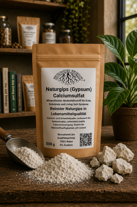 Wurzelwerk Naturgips in natürlicher Living-Soil-Umgebung mit fein vermahlenem Calciumsulfat und mineralischer Bodenstruktur