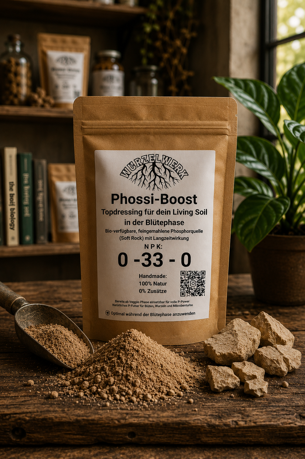 Wurzelwerk Phossi-Boost – fein gemahlenes Soft Rock Phosphate als organisches Topdressing für Living Soil zur natürlichen Phosphorversorgung in der Blütephase.