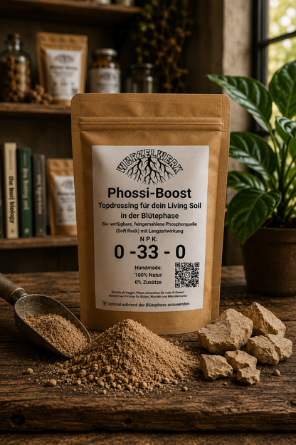 Wurzelwerk Phossi-Boost – fein gemahlenes Soft Rock Phosphate als organisches Topdressing für Living Soil zur natürlichen Phosphorversorgung in der Blütephase.