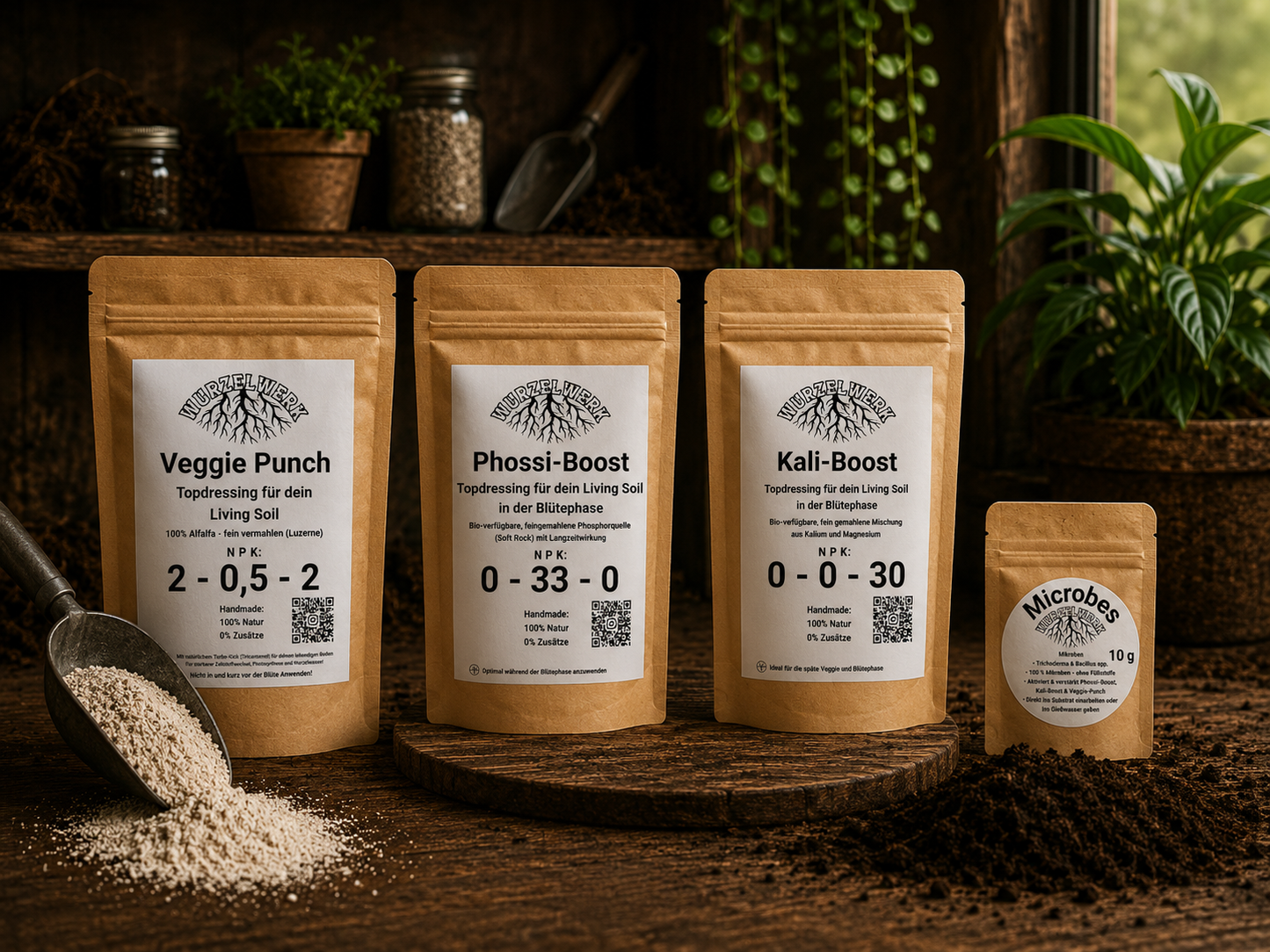Wurzelwerk.bio Living Soil Test Bundle mit VeggiePunch, PhossiBoost, KaliBoost und Microbes in natürlicher Bodenumgebung