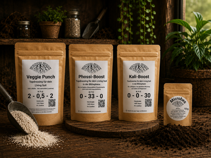 Wurzelwerk.bio Living Soil Test Bundle mit VeggiePunch, PhossiBoost, KaliBoost und Microbes in natürlicher Bodenumgebung