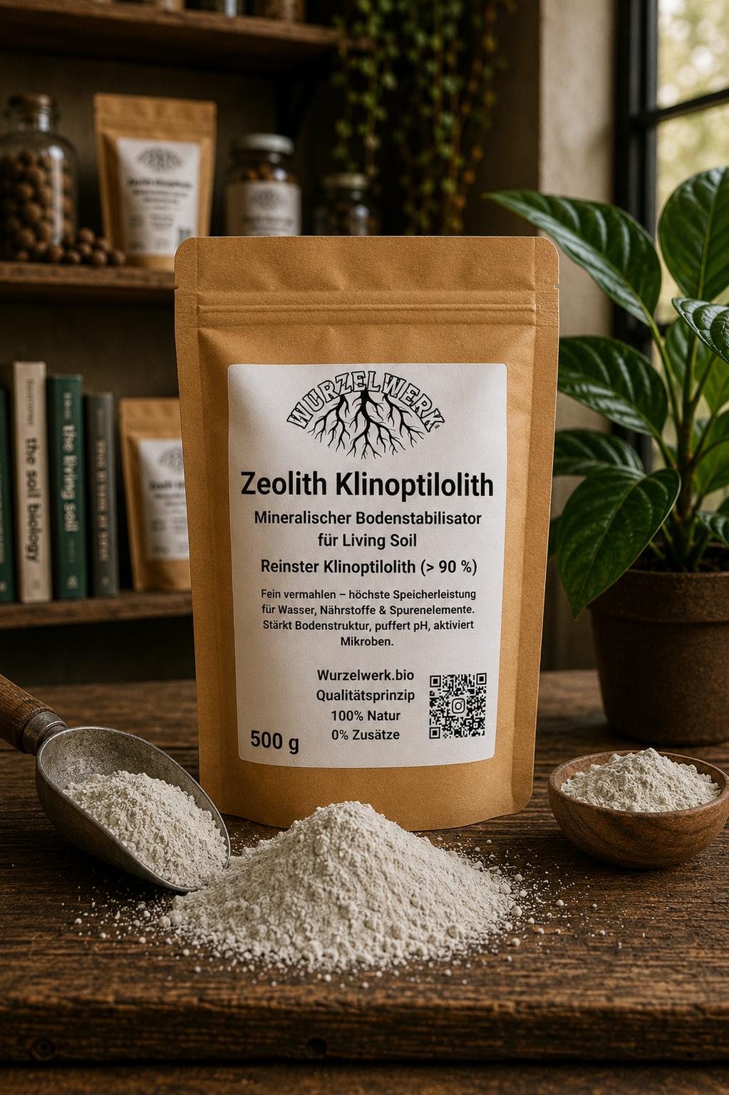 Wurzelwerk Zeolith in natürlicher Living-Soil-Umgebung mit fein vermahlenem Klinoptilolith und mineralischer Bodenstruktur