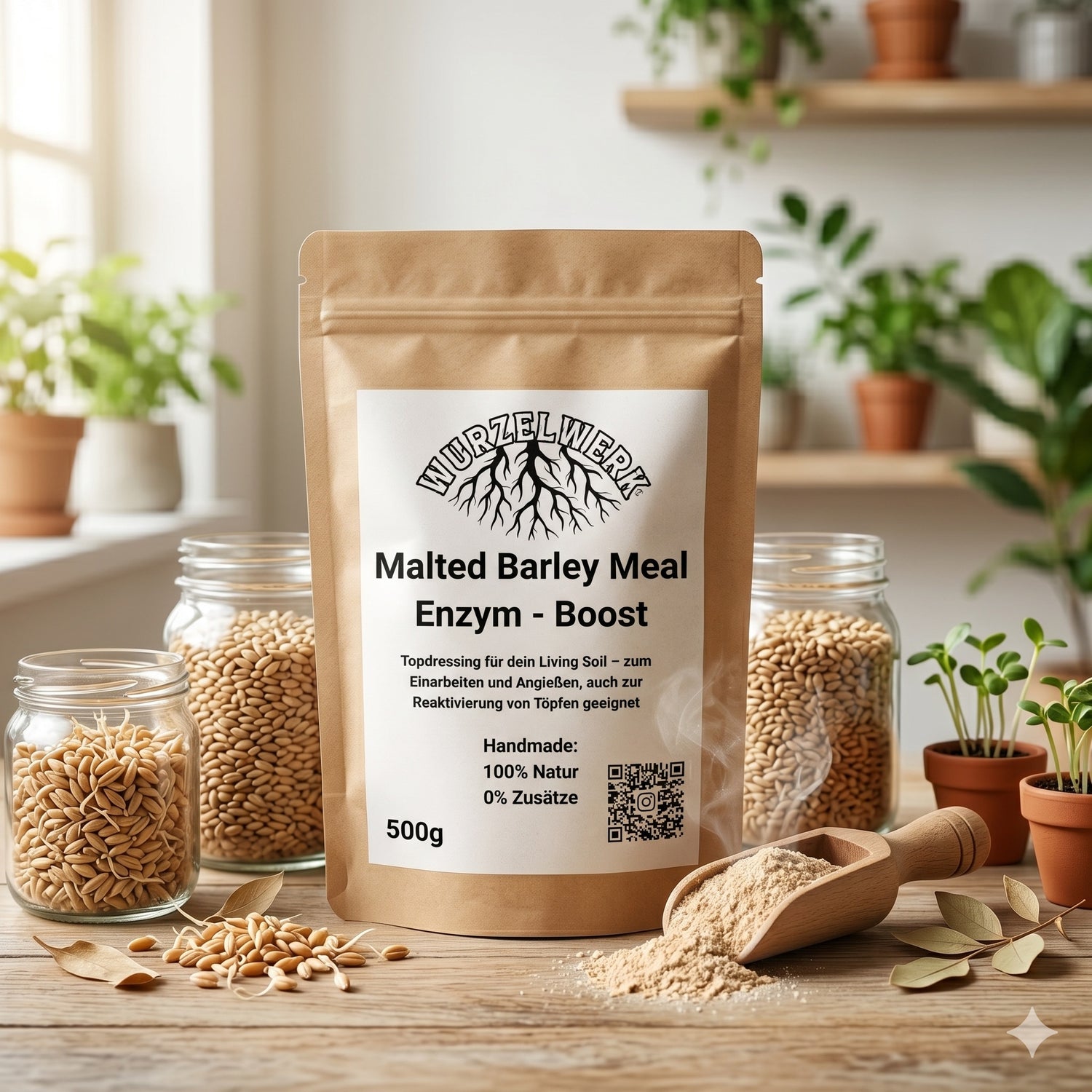 das bild zegt professionelle produkt präsentation malted barley meal mit rohstoffen auf dem bild
