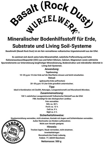 Rückseite des wurzelwerk.bio Basaltmehl Etiketts mit Anwendung, Analysewerten und Informationen zu Living Soil und Bodenmineralisierung