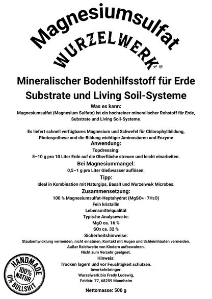 Rückseite des Wurzelwerk.bio Magnesiumsulfat Etiketts mit Anwendung, Analysewerten und Informationen zu Magnesiumversorgung