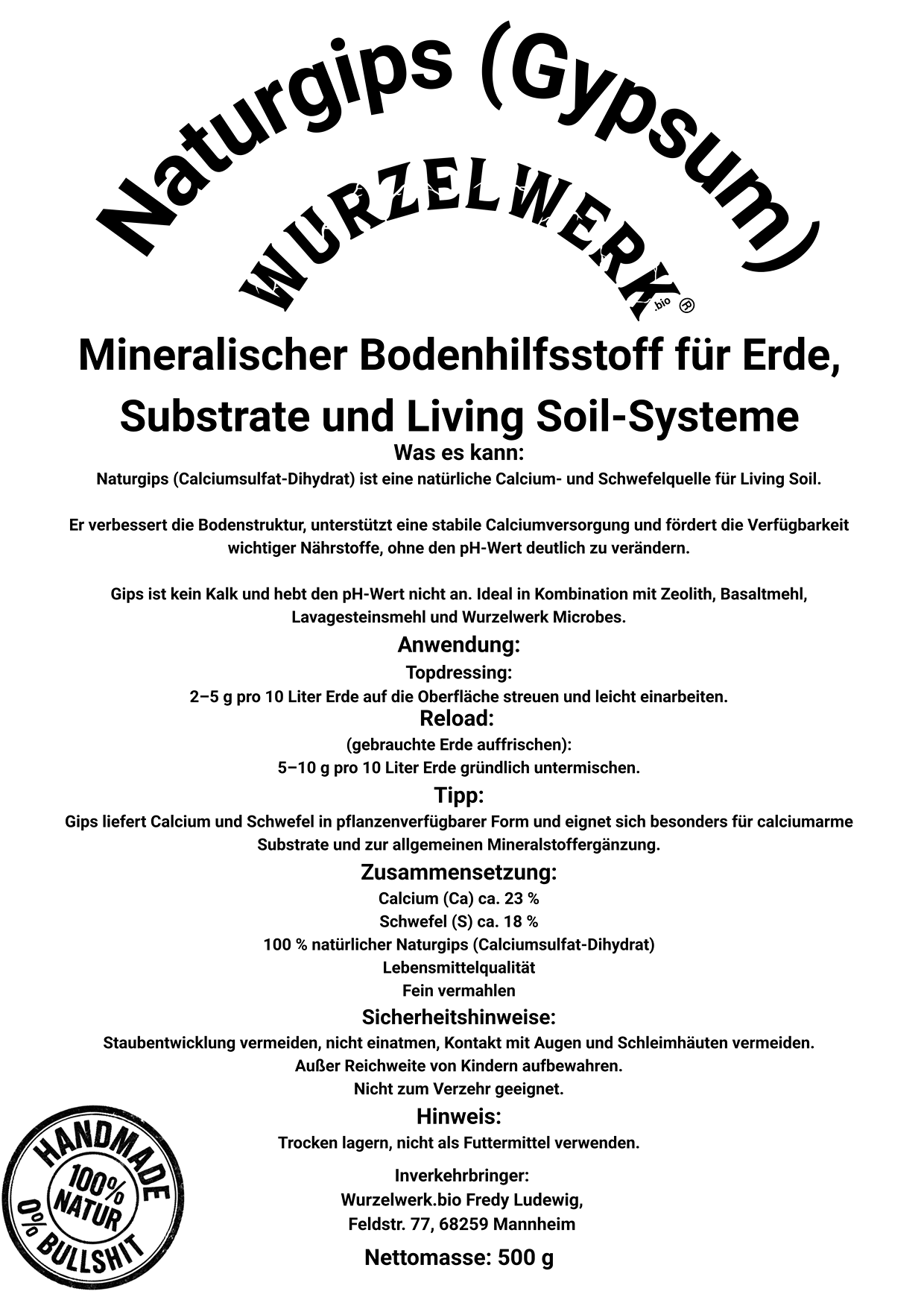 Rückseite des Wurzelwerk.bio Naturgips Etiketts mit Anwendung, Analysewerten und Hinweisen zu Calcium und Schwefel