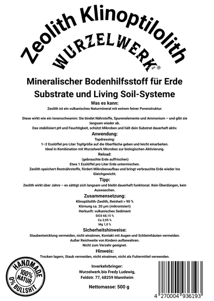 Rückseite des Wurzelwerk.bio Zeolith Etiketts mit Anwendung, Analysewerten und Informationen zu Nährstoffpufferung und Bodenstabilisierung