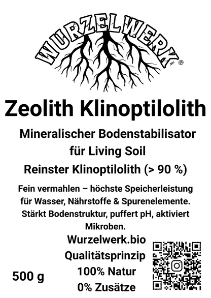Vorderseite des Wurzelwerk.bio Zeolith Etiketts mit hochreinem Klinoptilolith und hoher Kationenaustauschkapazität