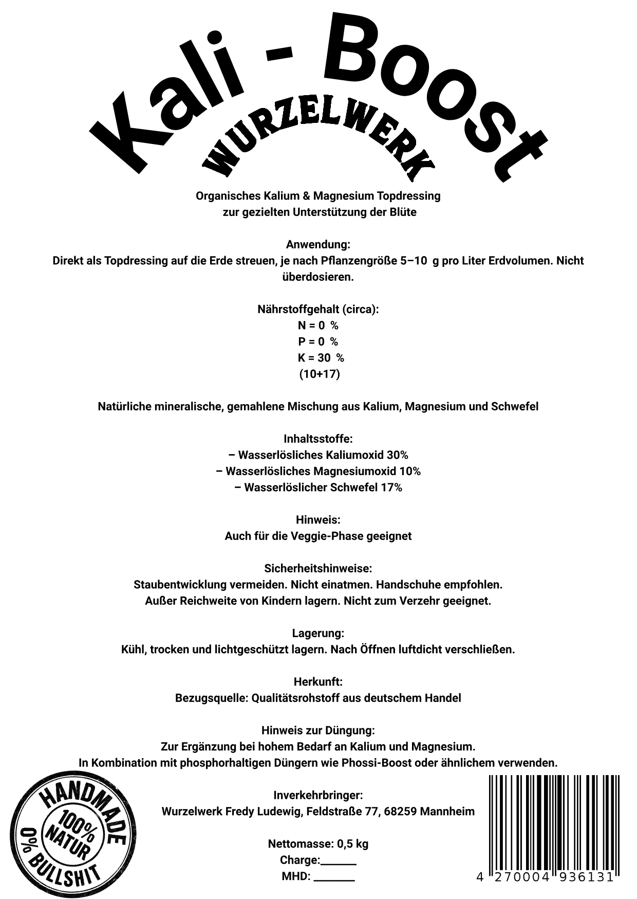 Rückseite des Wurzelwerk KaliBoost Etiketts mit Dosierung und Anwendungsempfehlung für Living Soil