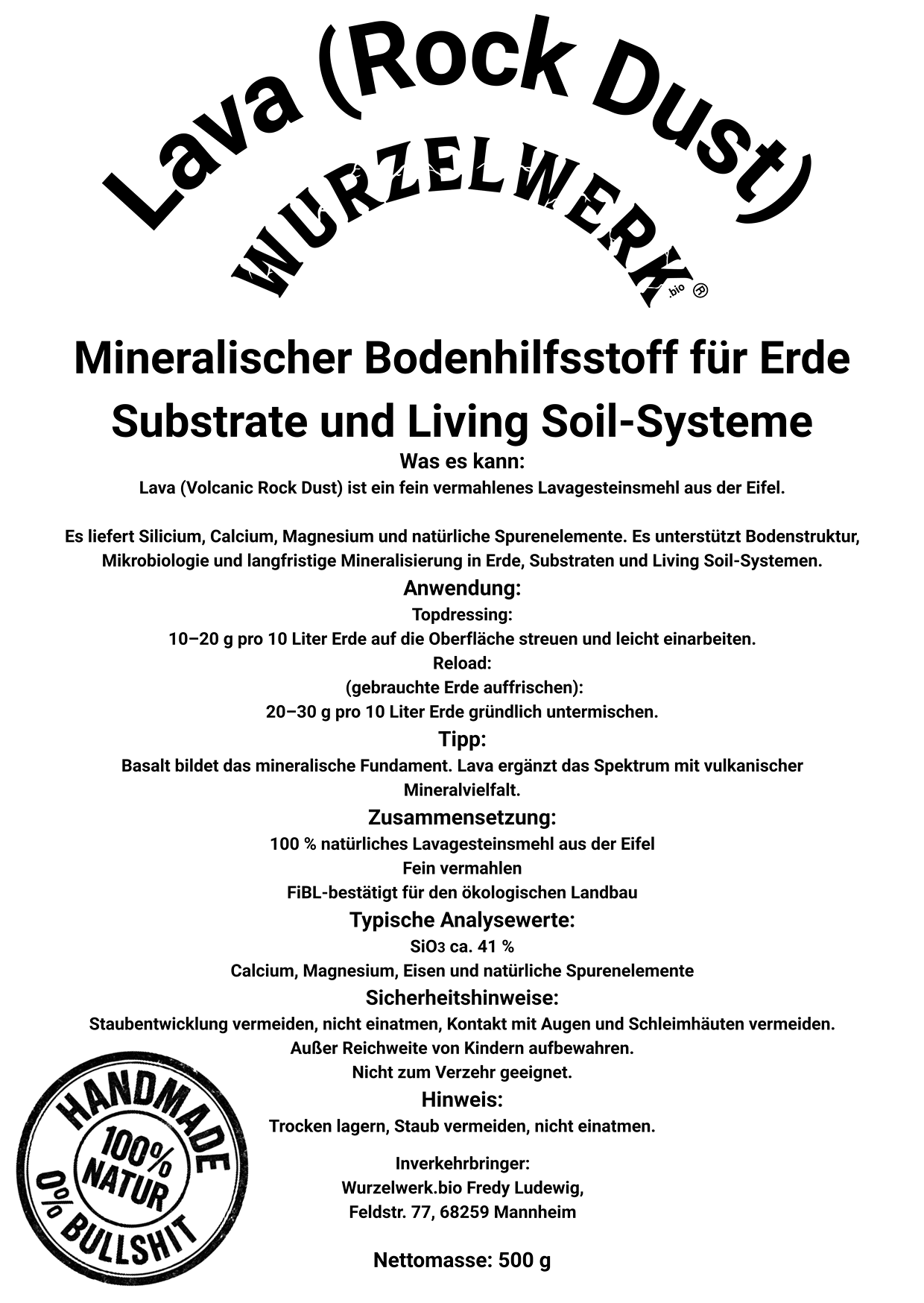 Rückseite des Wurzelwerk.bio Lavagesteinsmehl Etiketts mit Anwendung, Analysewerten und Informationen zu Bodenstruktur und Mikrobiologie