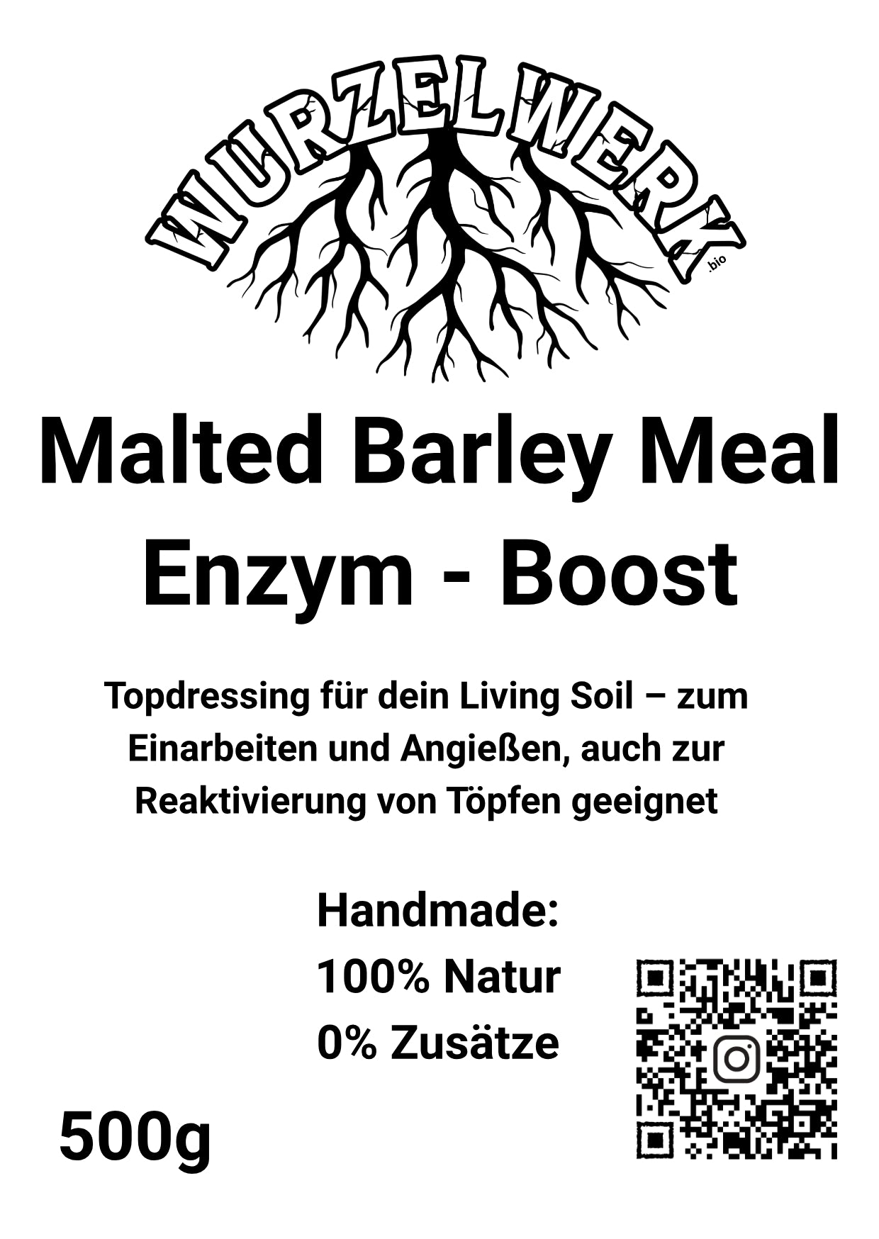 Etikett des Wurzelwerk Malted Barley Meal mit Angaben zu Enzymen und Anwendung im Living Soil