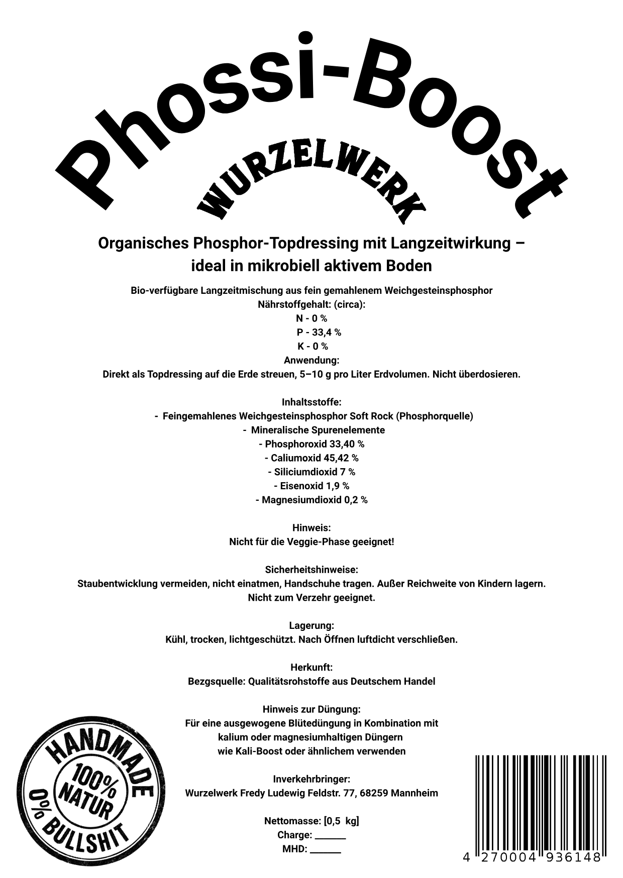 Rückseite des Wurzelwerk PhossiBoost mit Nährstoffgehalt und Dosierung für Living Soil