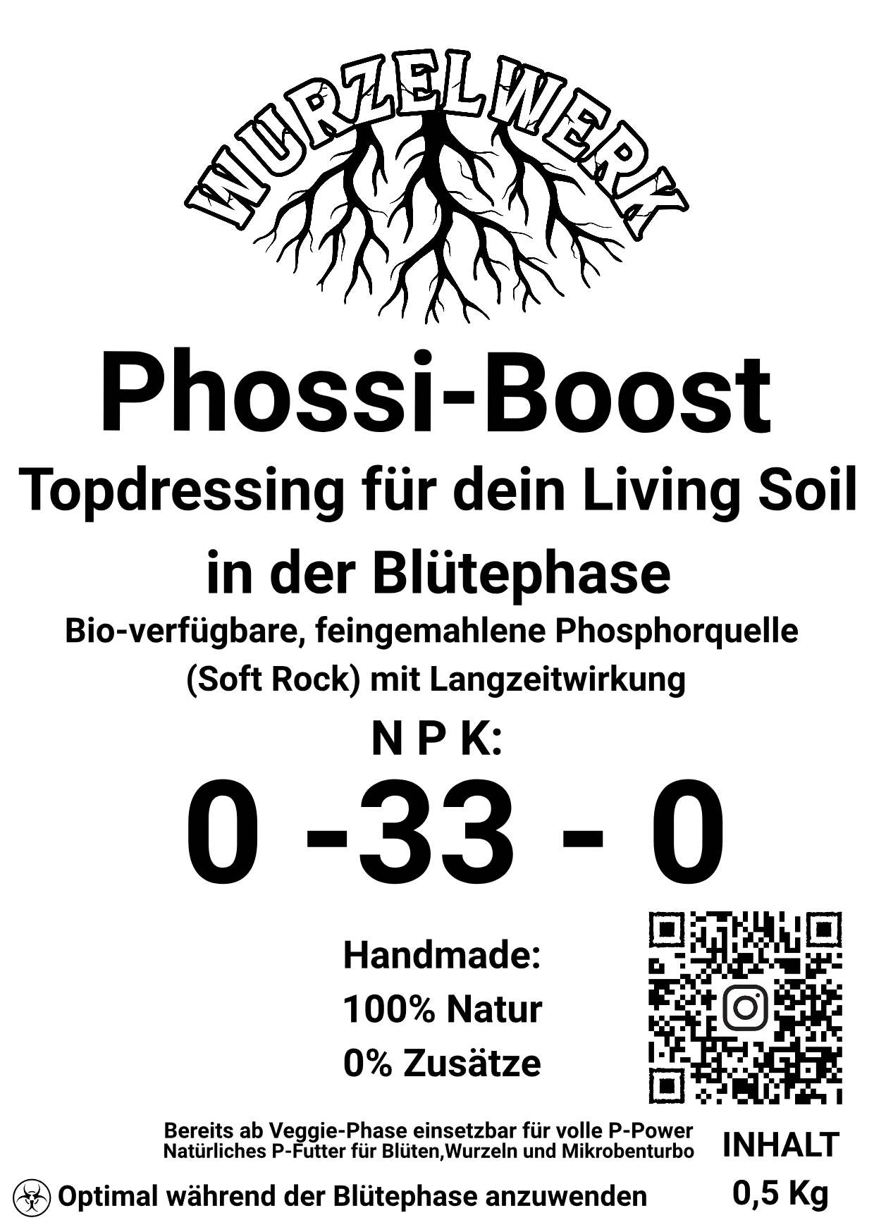 Etikett des Wurzelwerk PhossiBoost – Soft Rock Phosphate mit Analysewerten und Anwendungsempfehlung