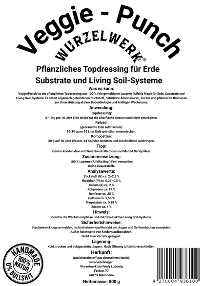 Rückseite des Wurzelwerk VeggiePunch mit Anwendungsempfehlung und Dosierung für Living Soil