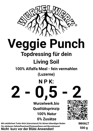 Etikett des Wurzelwerk VeggiePunch – organischer Dünger aus Alfalfa Meal (Luzerne) für die Wachstumsphase