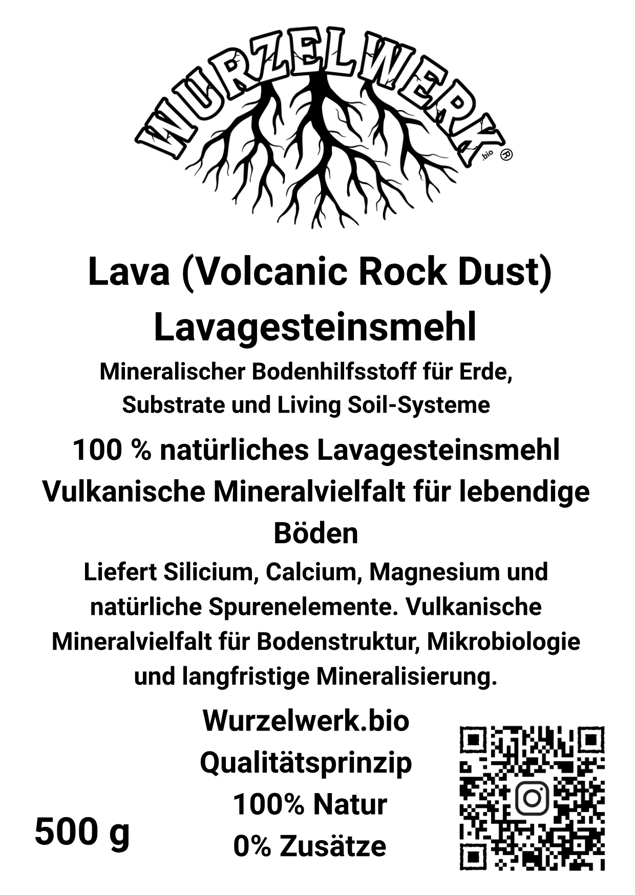 Vorderseite des Wurzelwerk.bio Lavagesteinsmehl Etiketts mit vulkanischem Gesteinsmehl aus der Eifel und natürlichen Mineralien