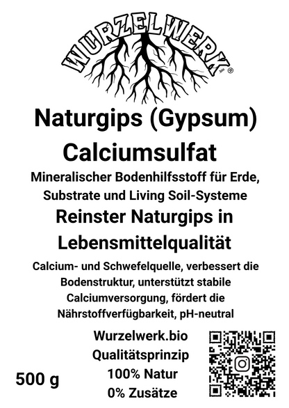 Vorderseite des Wurzelwerk.bio Naturgips Etiketts mit Calciumsulfat in Lebensmittelqualität für Erde und Living Soil