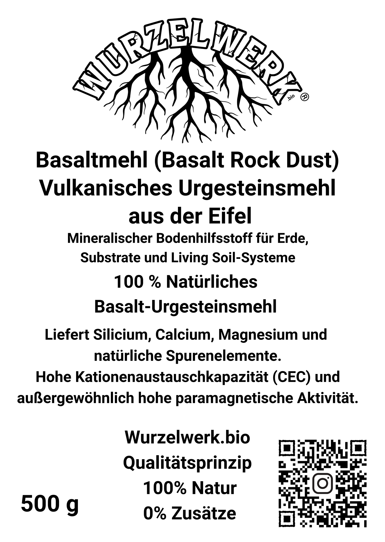 Vorderseite des wurzelwerk.bio Basaltmehl Etiketts mit vulkanischem Urgesteinsmehl aus der Eifel und Hinweisen zu Mineralien und Kationenaustauschkapazität