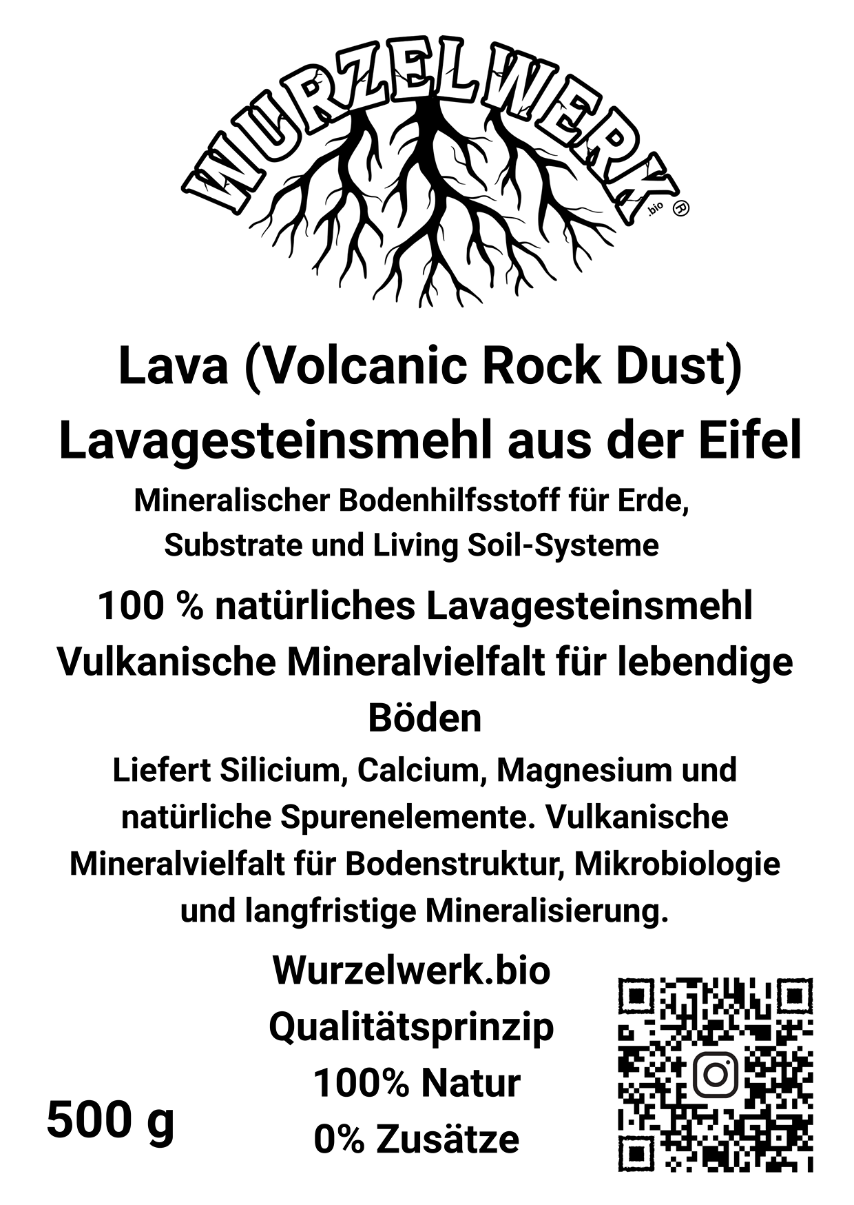 Vorderseite des Wurzelwerk.bio Lavagesteinsmehl Etiketts mit vulkanischem Gesteinsmehl aus der Eifel und natürlichen Mineralien
