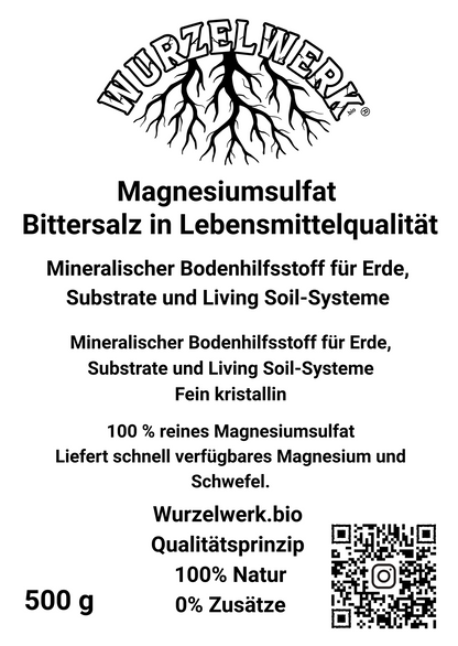 Vorderseite des Wurzelwerk.bio Magnesiumsulfat Etiketts mit hochreinem Magnesium und Schwefel für Erde und Living Soil